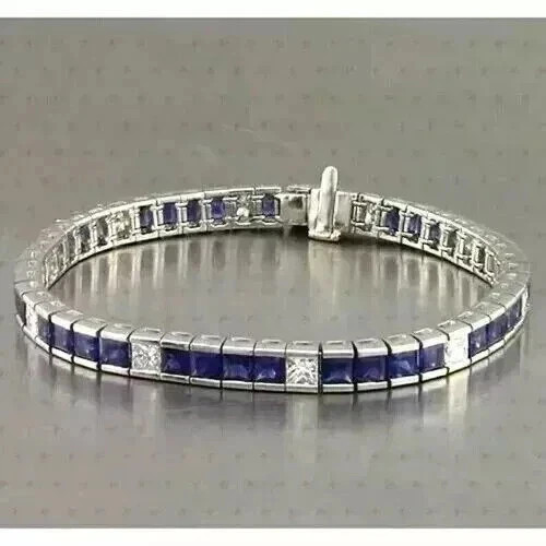 10Ct Princess Cut Blue Lab Created Men\'s Tennis Bracelet 14K White Gold Plated