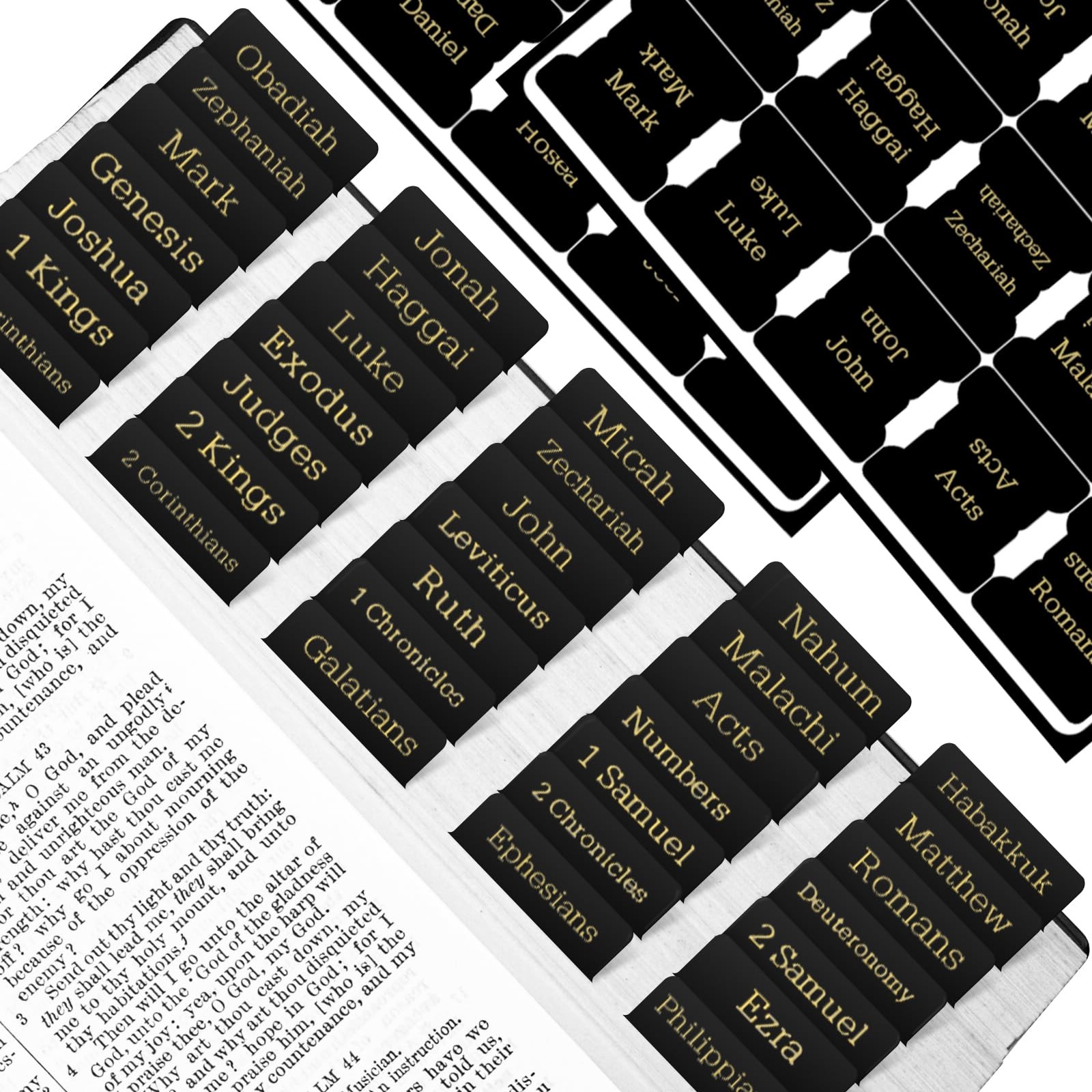 Bible Tabs, 75 Laminated Index Tabs for Women and Gold Foil Black