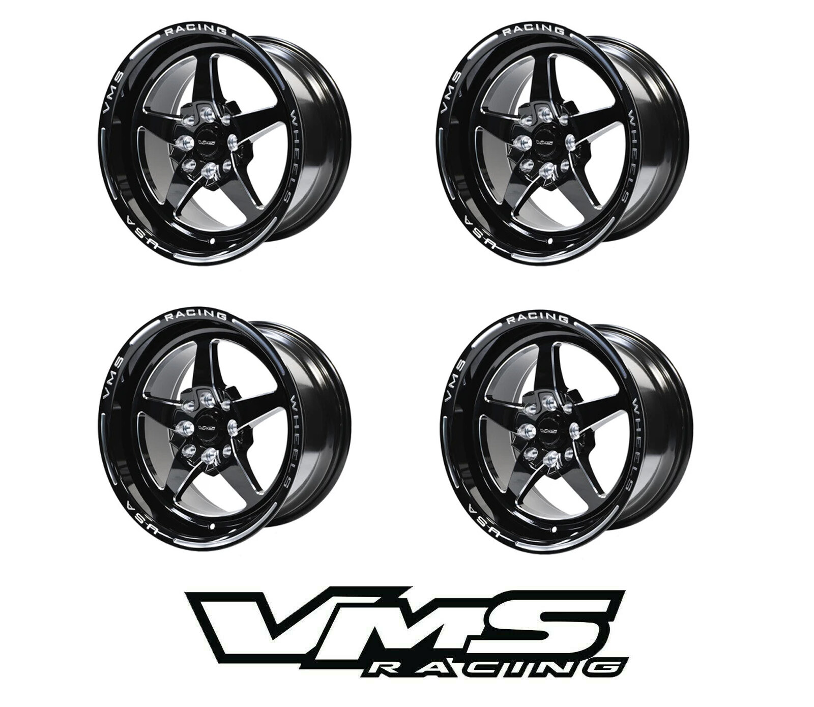 x4 VMS RACING V-STAR 5 SPOKE FRONT & REAR DRAG WHEELS SET 4X100/4X108 15x8