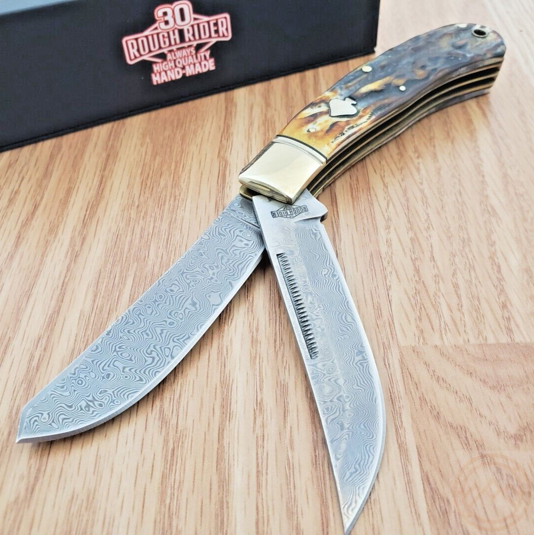 Rough Ryder Upswept Trapper Pocket Knife Damascus Steel Blades Bone Handle 2525