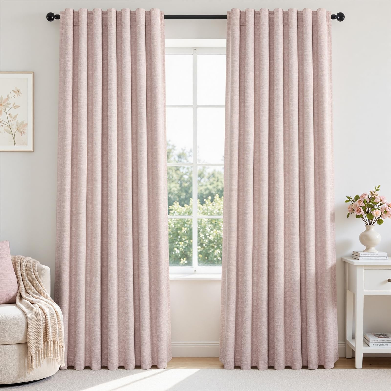 Topfinel Dusty Pink Linen Blackout Curtains 90 Inch Length 2 Panels for Girls...