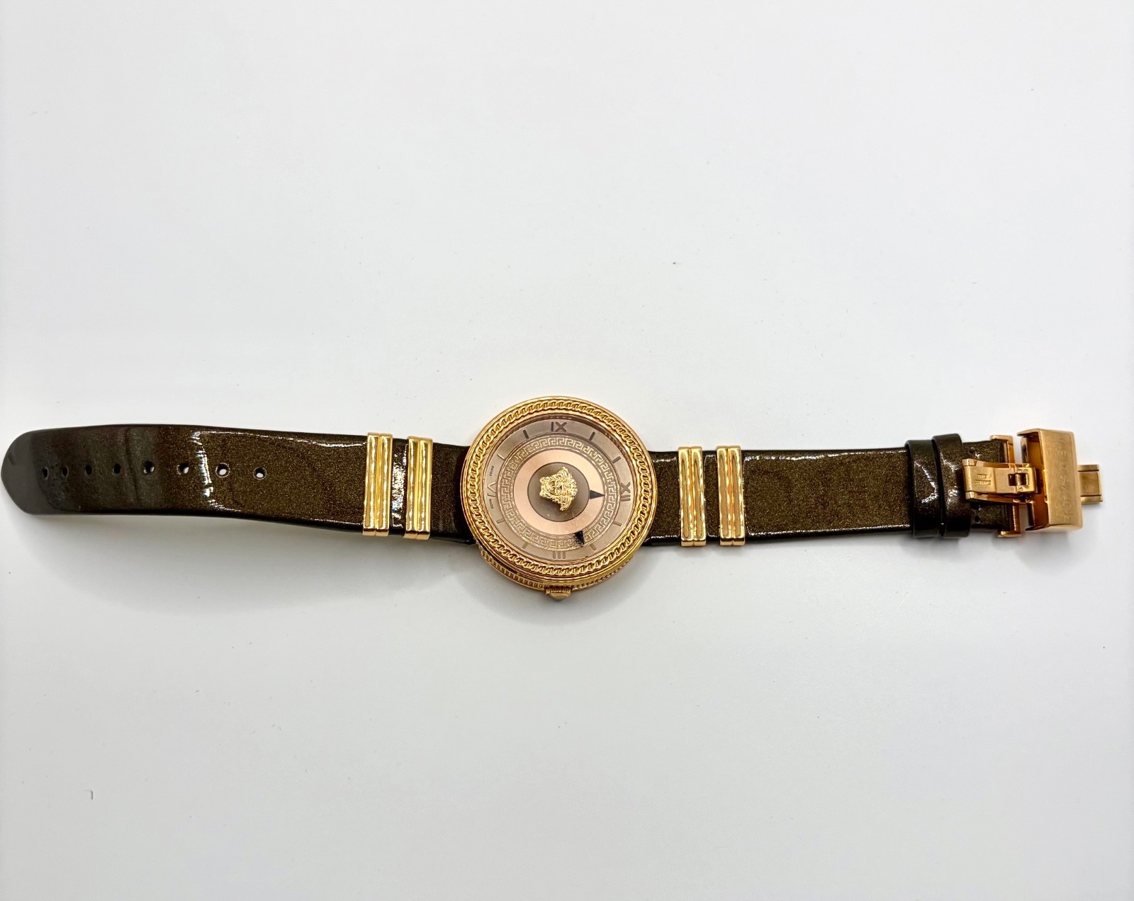 Never Worn Versace Medusa Rose Gold-Tone Watch | Brown/Taupe Dial, Greek Key
