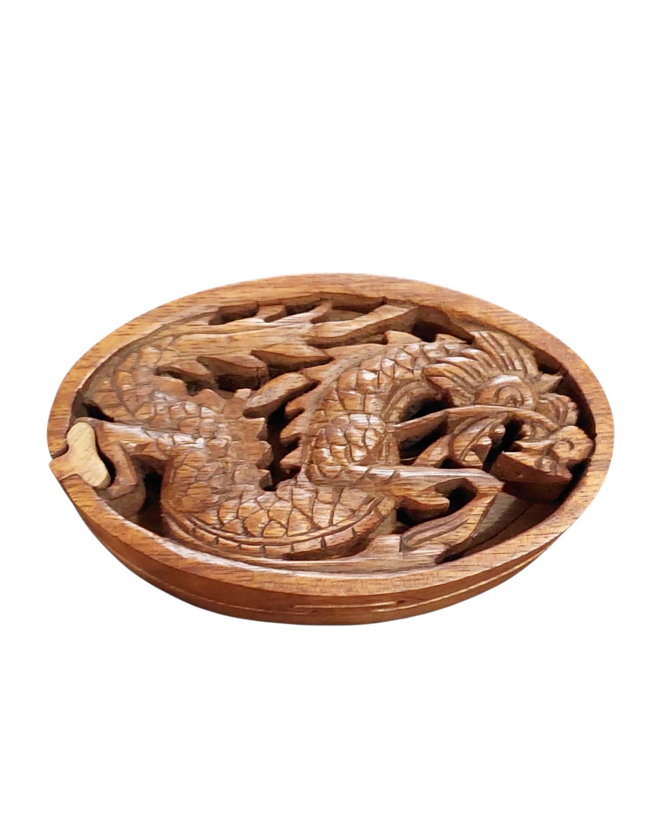 Trinket Wood Box Secret Puzzle Chinese Dragon Perforated Hand Carved Bali Art