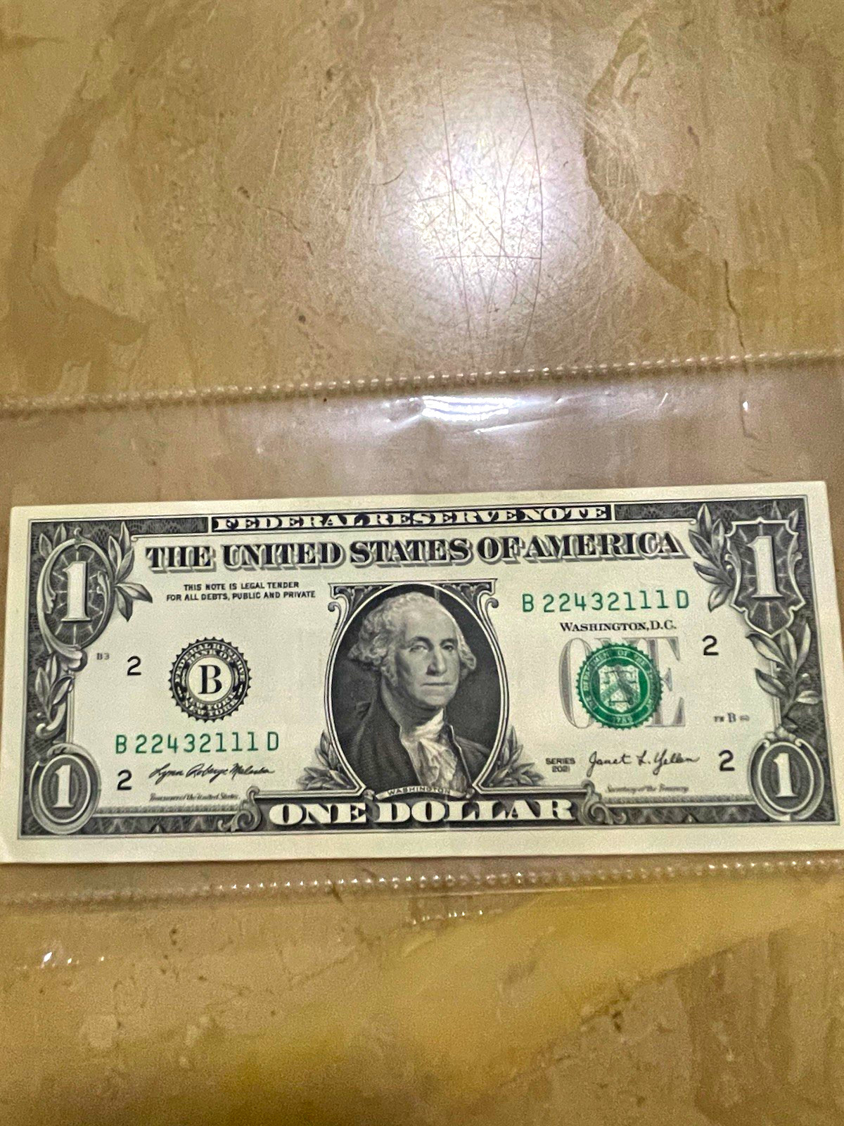 2021 $1 Federal Reserve Note One-Dollar Bill Serial B22432111D stuck digit crisp