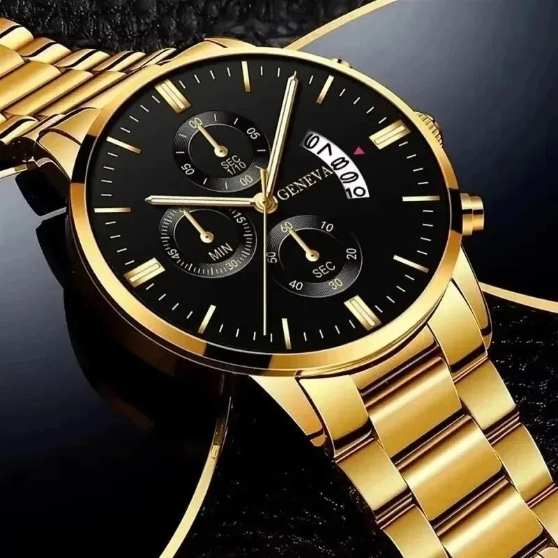 Waterproof Gold Men\'s Watch Classic Stainless Steel Quartz Analog Business Gift