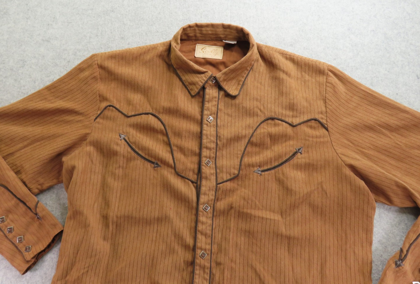 Scully Shirt Mens XL Brown Striped Western Yokes Pearl Snap Smile Pockets Button