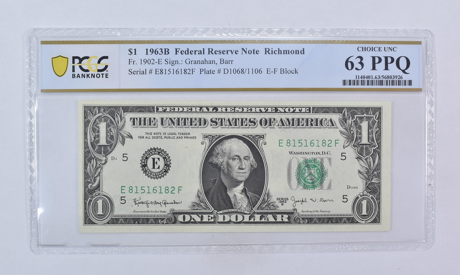 1963 B $1 Richmond VA FRN Fr#1902-E Choice Unc 63 PPQ PCGS Barr