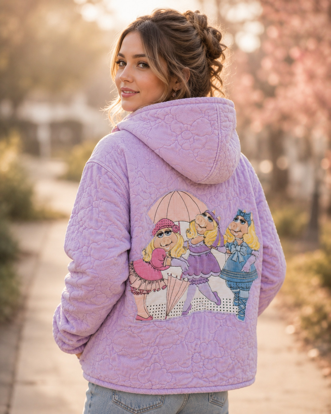 Miss Piggy Muppets Quilted Wild Fable Jacket Upcycled Vintage Sheet Women\'s