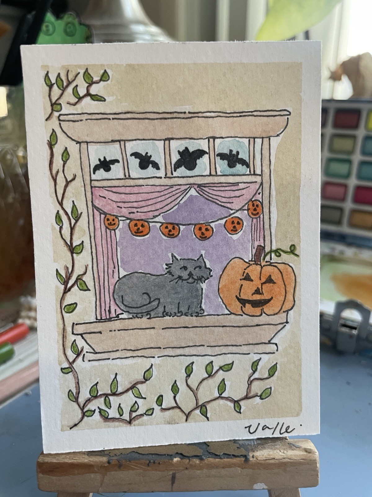 ACEO Autumn Windowsill Black Cat with Pumpkin Original Watercolor Painting ACEO Autumn Windowsill Black Cat with Pumpkin Original Watercolor Painting