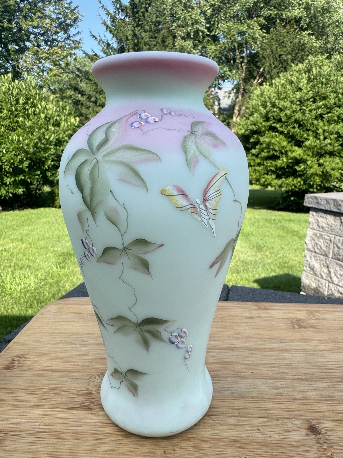 Fenton BERRY & BUTTERFLY LOTUST MIST BURMESE VASE Historic Collection 95th Anniv
