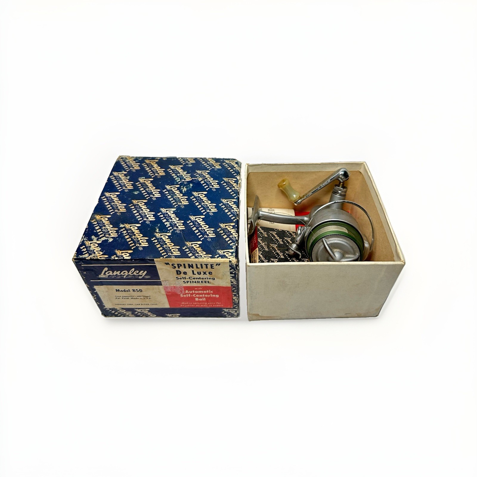 Vintage Langley Spinlite De Luxe Model 850 Spinning Reel Box Papers Extras USA