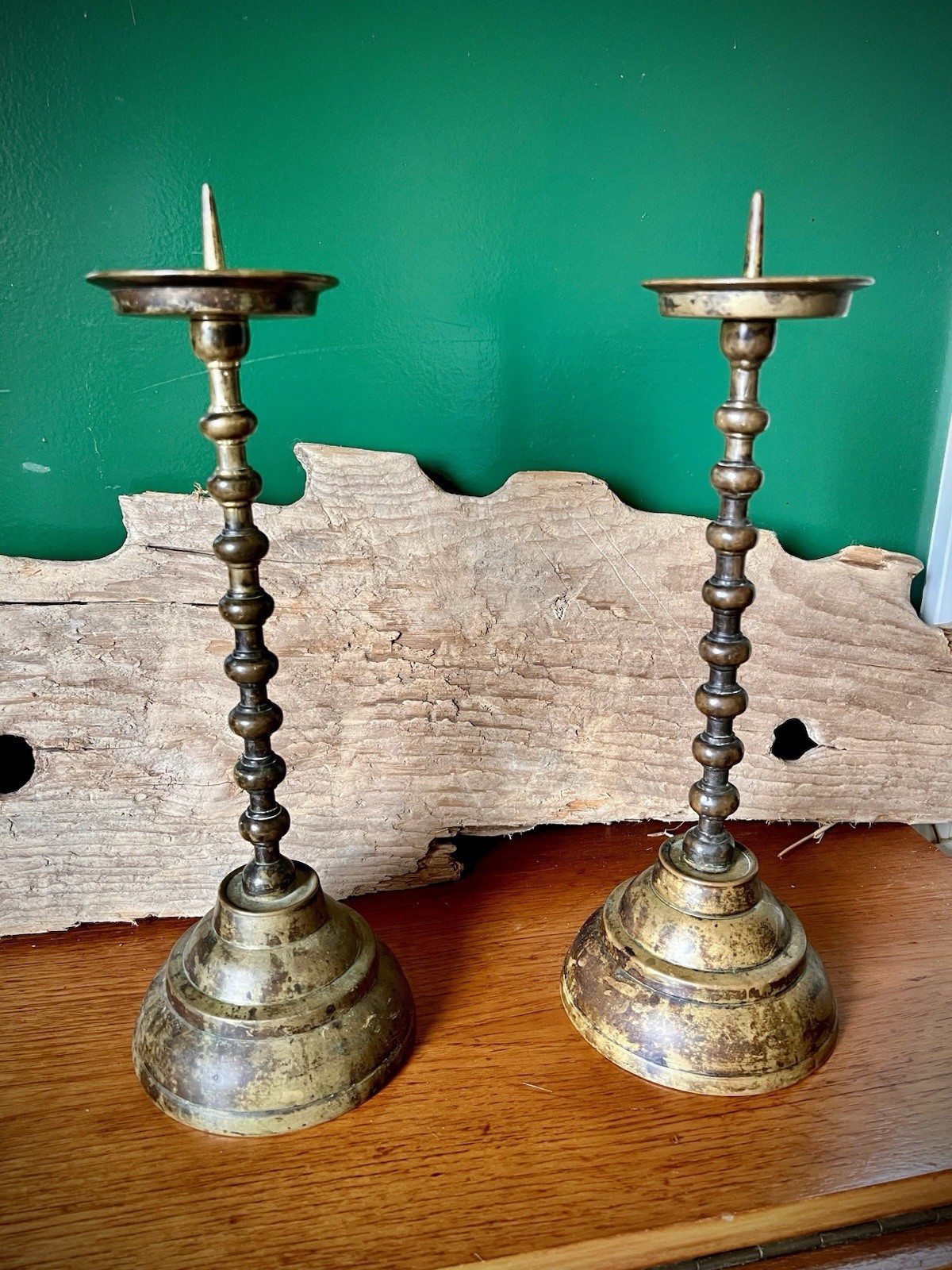 Antique 1700s/1800s Pricket Candlestick Pair - Baluster Stem Primitive Lighting