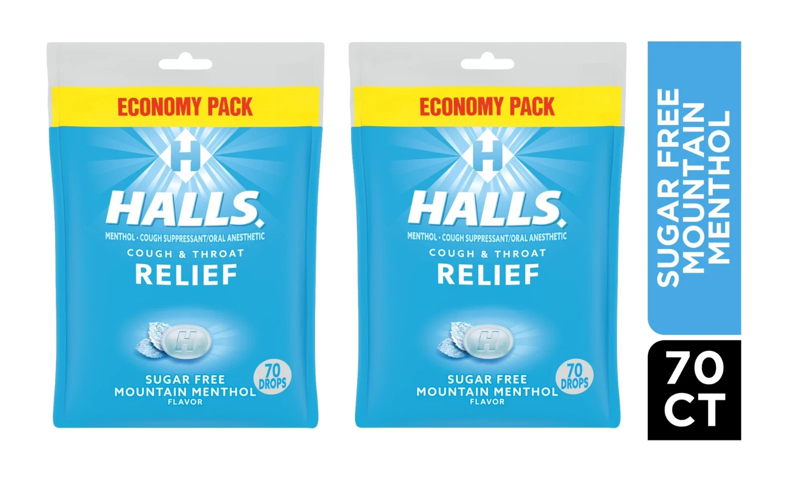 HALLS Relief Mountain Menthol Sugar Free Cough Drops, 70 Drops 2 packs HALLS Relief Mountain Menthol Sugar Free Cough Drops, 70 Drops 2 packs