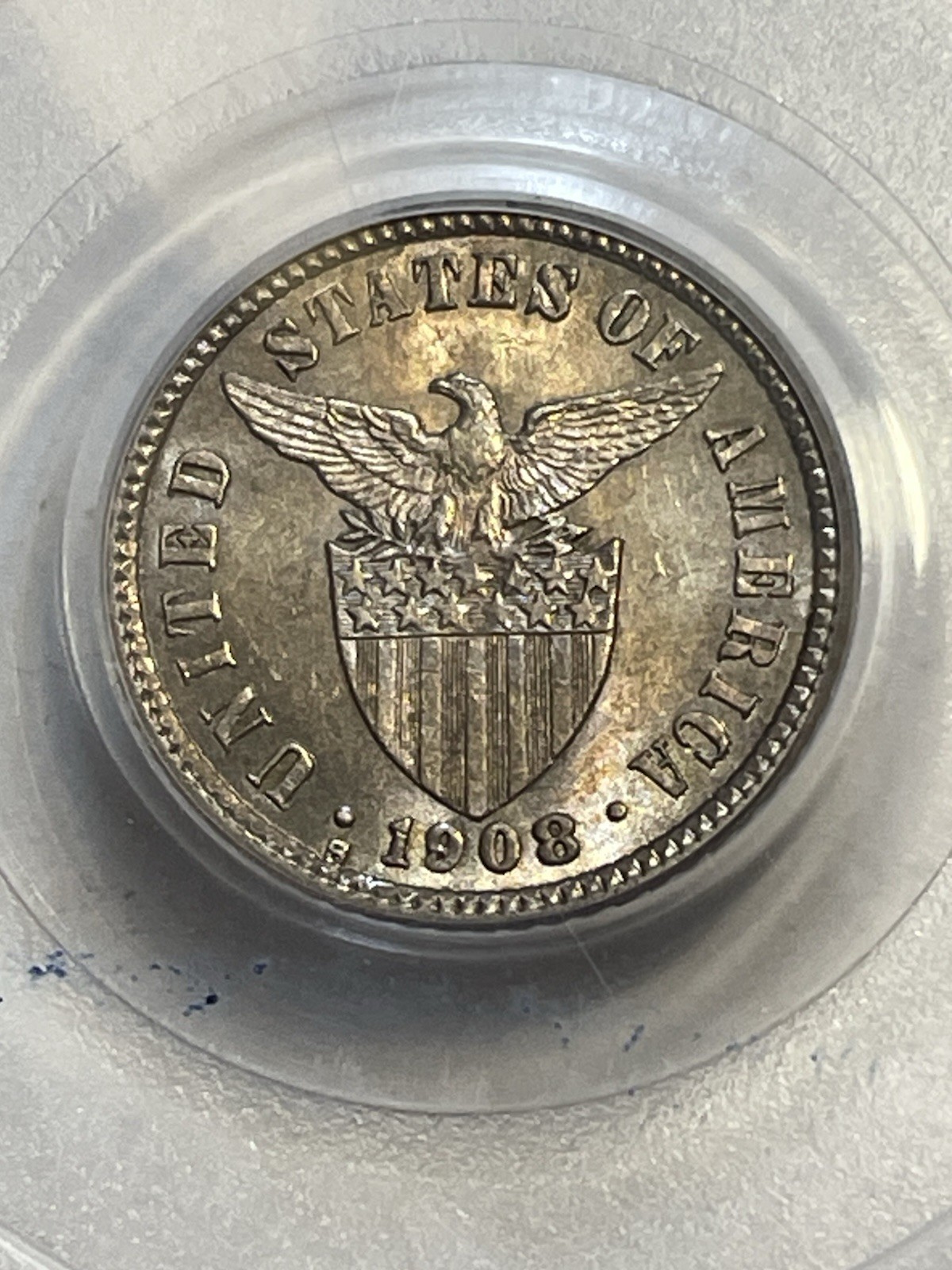1908 S Philippines 10 Centavos - PCGS AU58