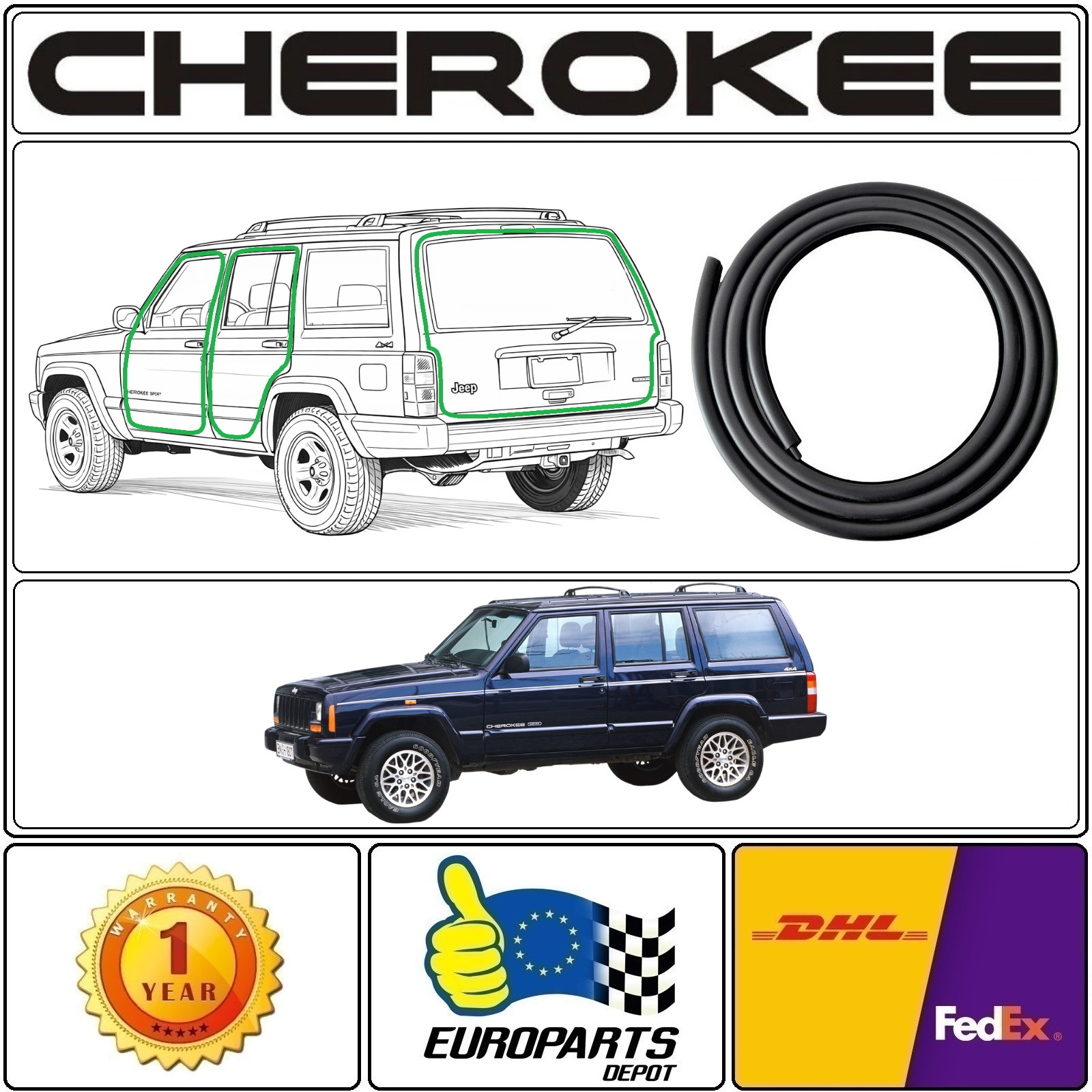 1997-2001 Jeep Cherokee XJ 5-Piece Seal Weatherstrip Set for Doors & Liftgate
