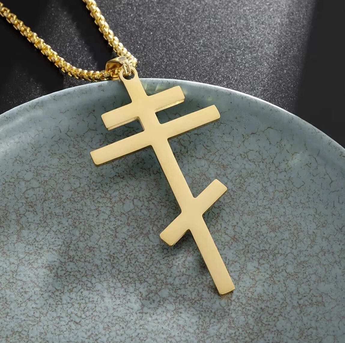 Gold Cross Necklace Eastern Orthodox Stainless Steel Pendant Men Russian Greek