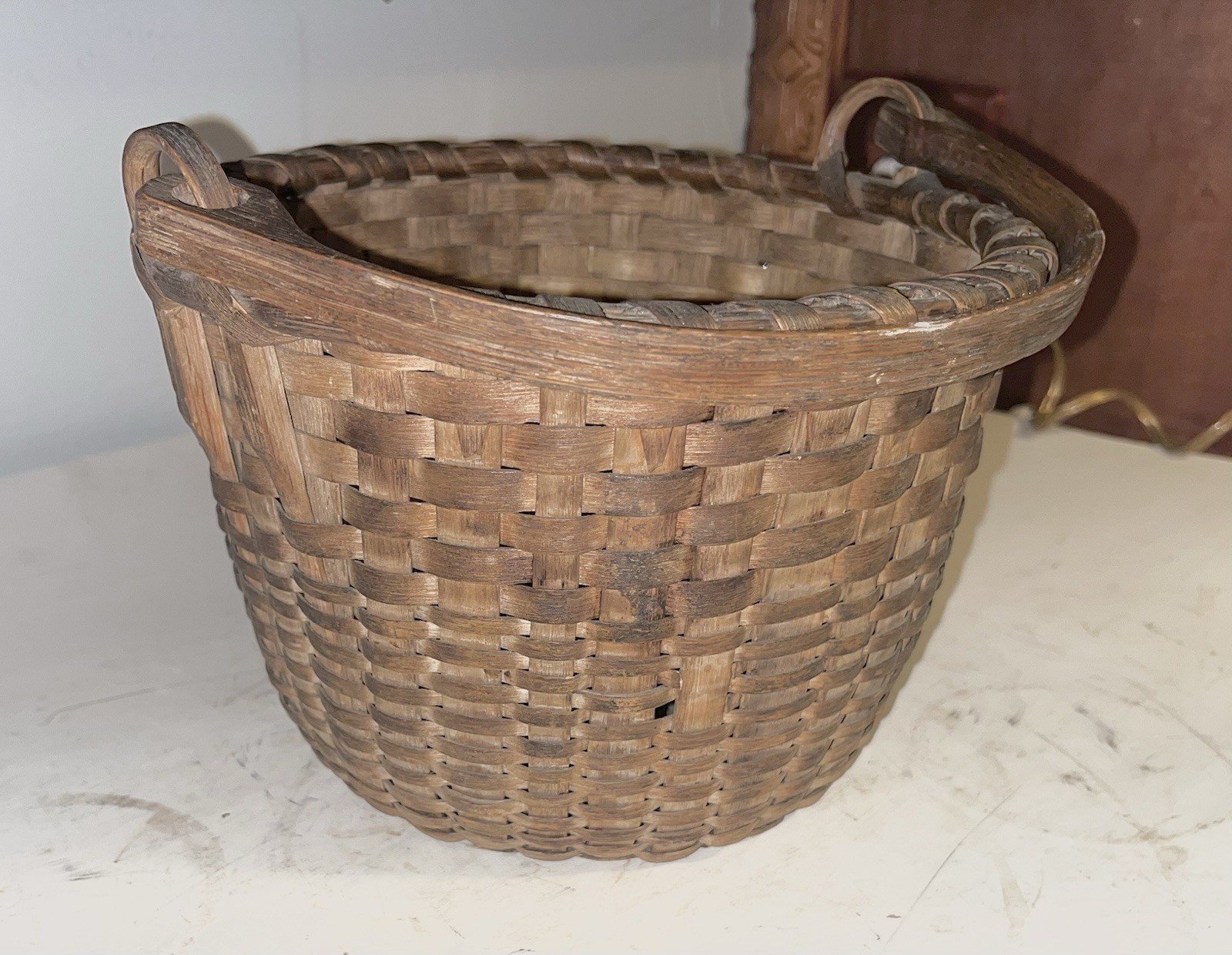 Antique Original Round Swing Handle Splint Gathering Basket New England 19th C.