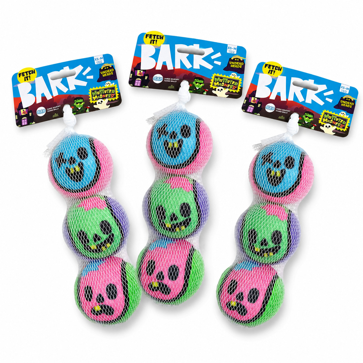 Bark Halloween Muttster Madness Zombie Head Dog Squeaky Tennis Balls 3x 3pk XS-M