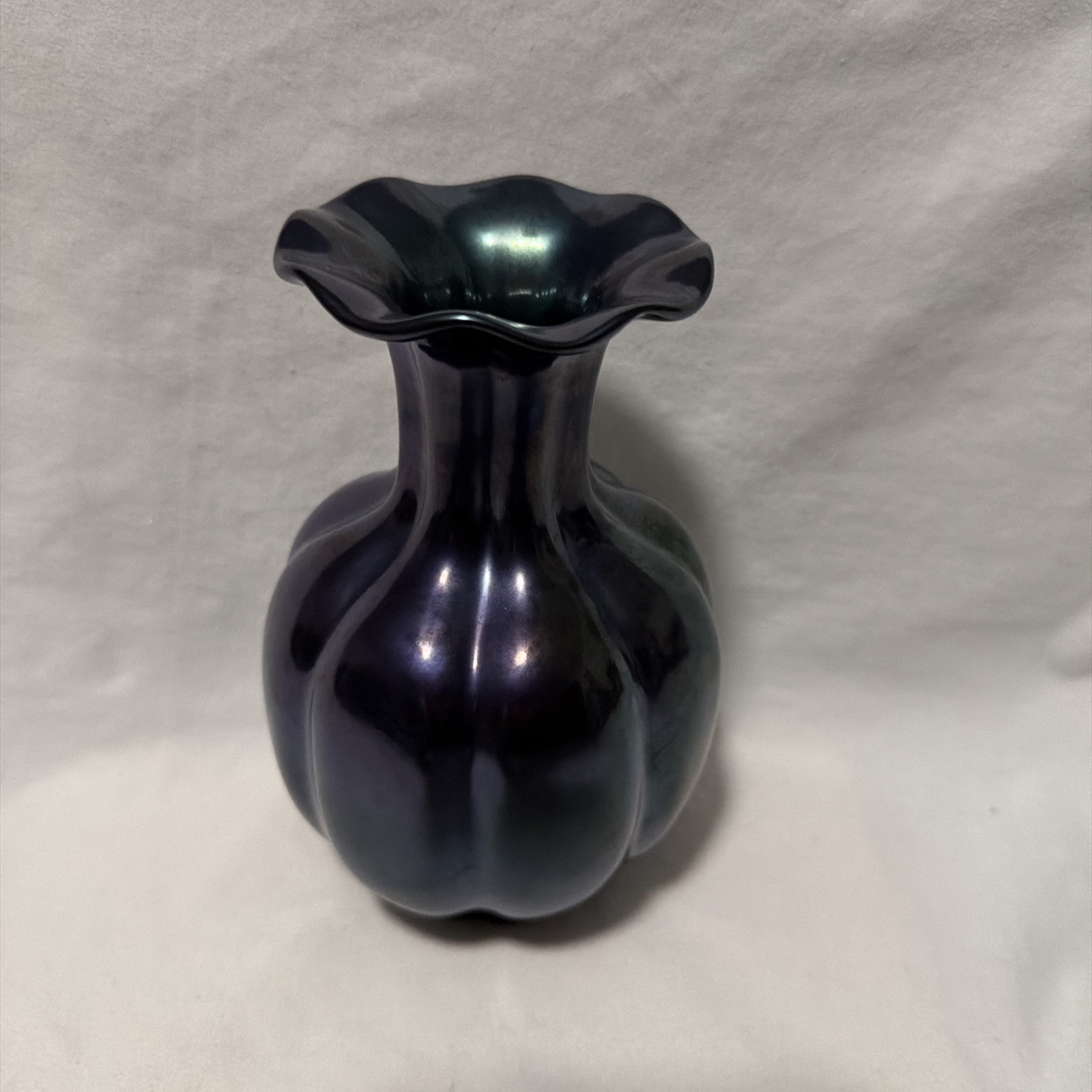 Vtg ZSOLNAY Segmented Lobed Vase, Art Nouveau, Purple Eosin Iridescent, Hungary
