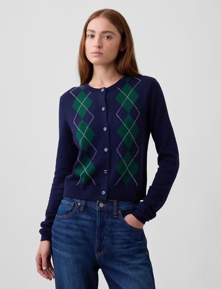 NWT GAP CashSoft Cardigan, Sz L, Navy Green Argyle, Crewneck, School, Office NWT GAP CashSoft Cardigan, Sz L, Navy Green Argyle, Crewneck, School, Office