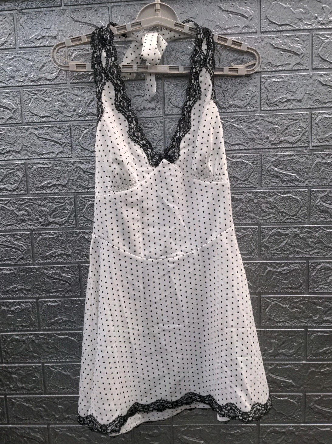 New Frankie\'s Bikinis Audrey Satin Mini Dress White/Black Polka Dot Women Size M
