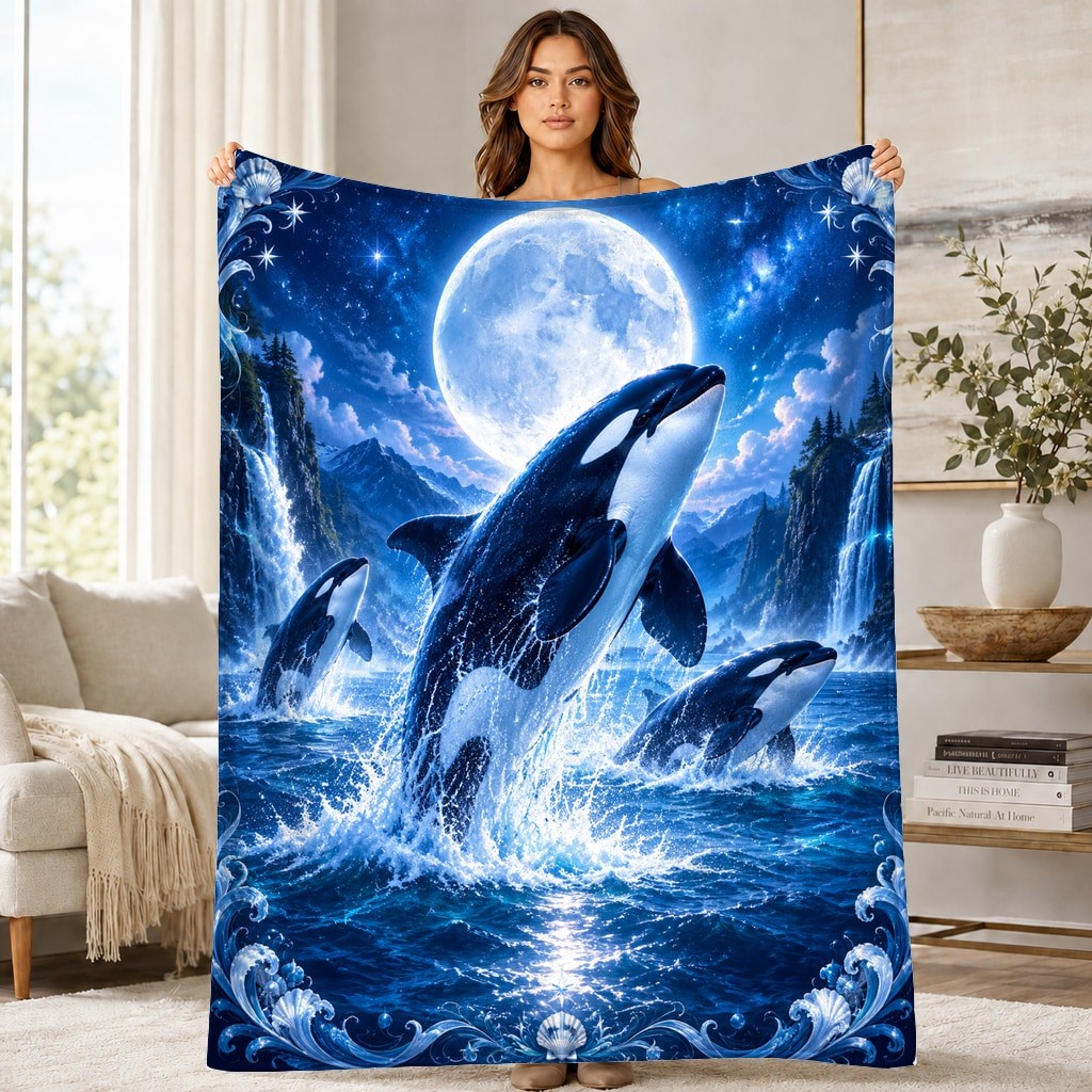Moonlit Orca Breach Coral Fleece Blanket Ocean Wildlife Decor