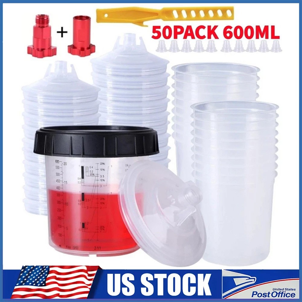 50pack Disposable Paint Spray Gun Cup Liners and Lid System (125 Mic) 20oz 600ML