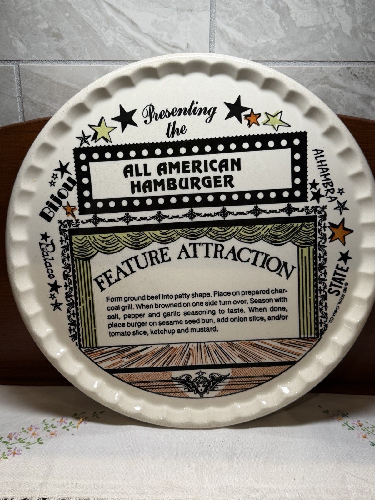 Vintage 1983 Royal China All American Hamburger Recipe Plate Platter Retro