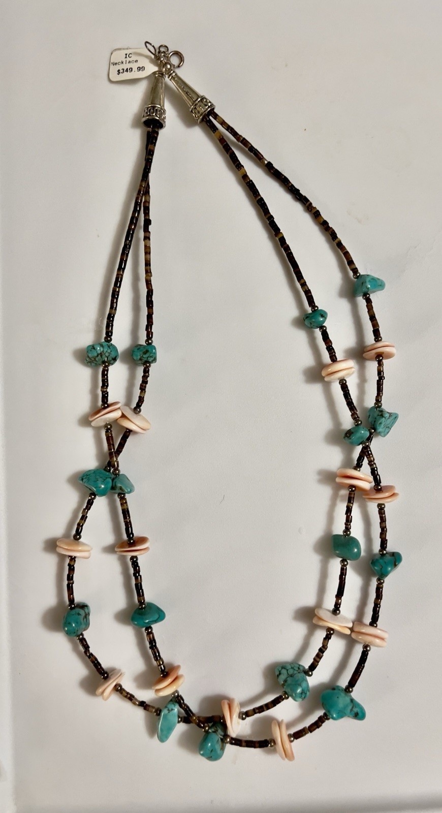 Vintage Genuine Turquoise Silver Double Strand Heishi Shell Necklace 24”
