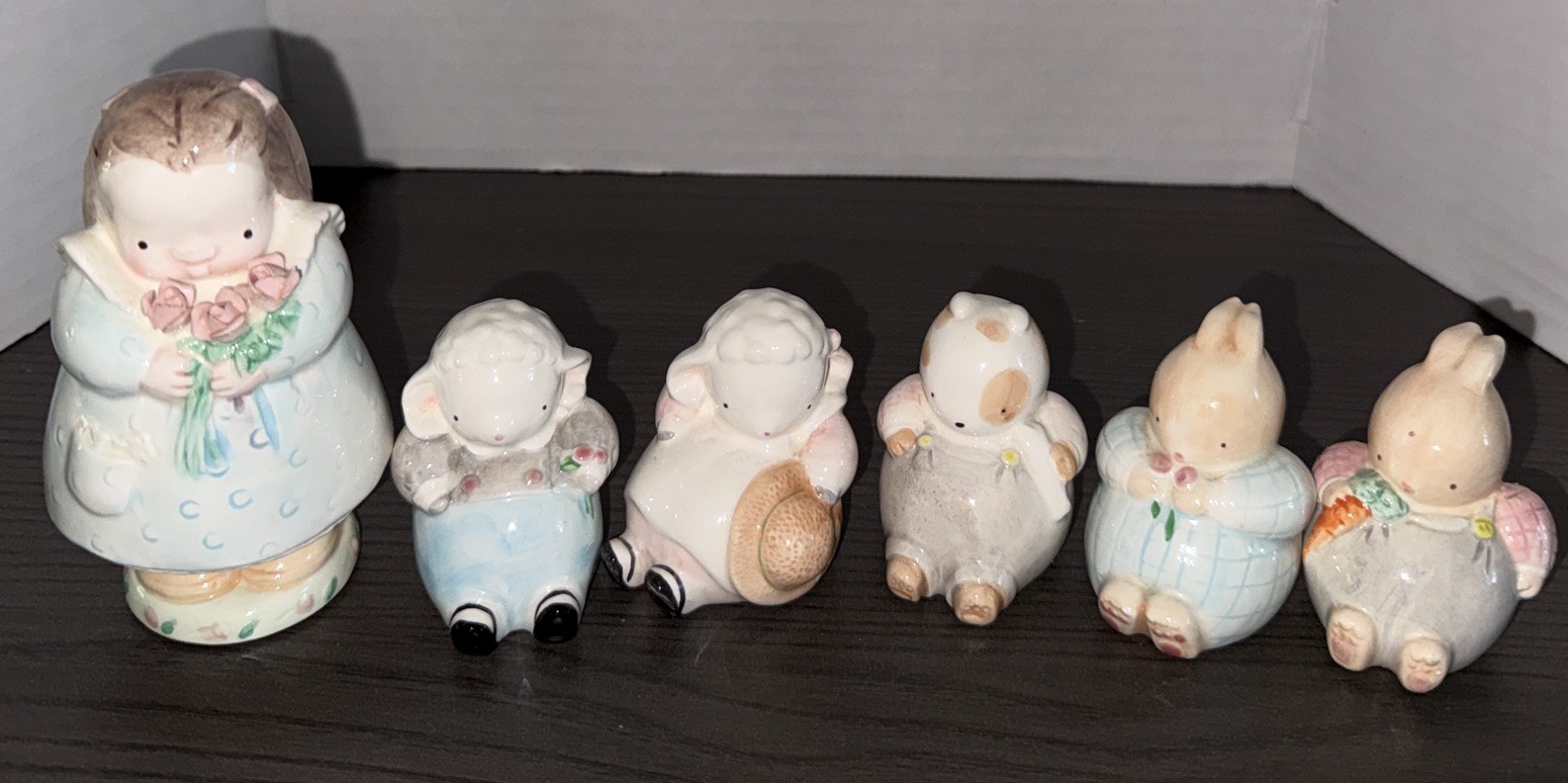 Vintage Michel & Co Porcelain Lot Girl, Sheep, Dog, Bunnies Set Of 6 