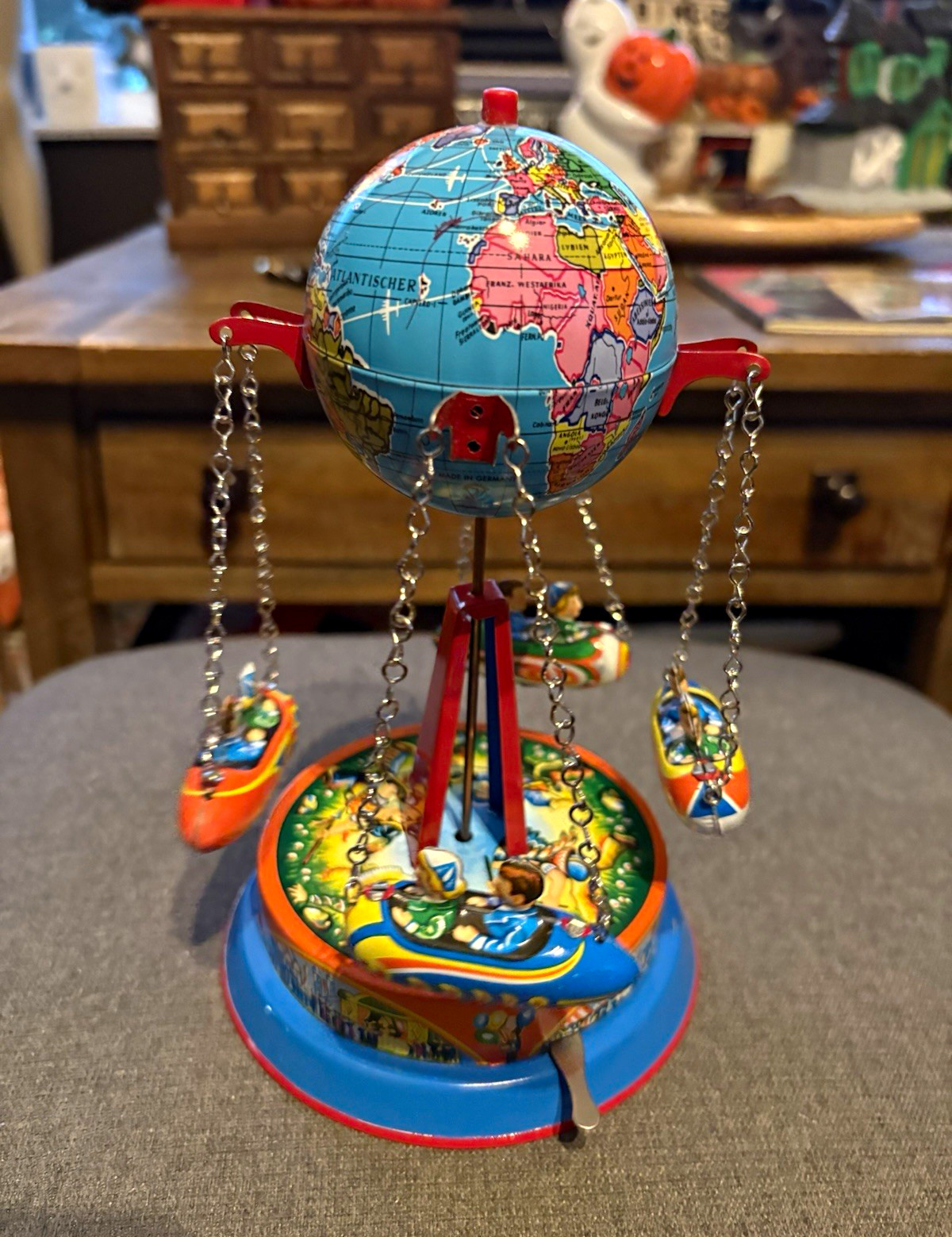 Vintage 1950s Josef Wagner Tin Litho Globe Carousel Rocket Riders toy W. Germany Vintage 1950s Josef Wagner Tin Litho Globe Carousel Rocket Riders toy W. Germany