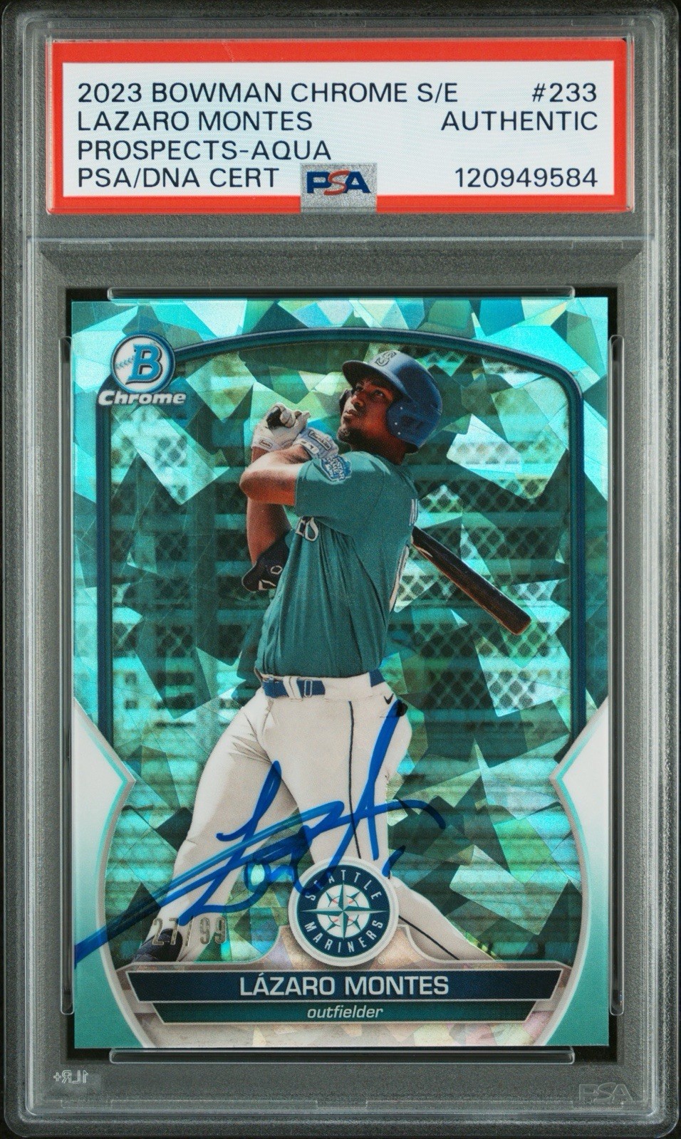 Lazaro Montes Signed 2023 Bowman Chrome Sapphire Aqua /99 PSA Authentic POP 1
