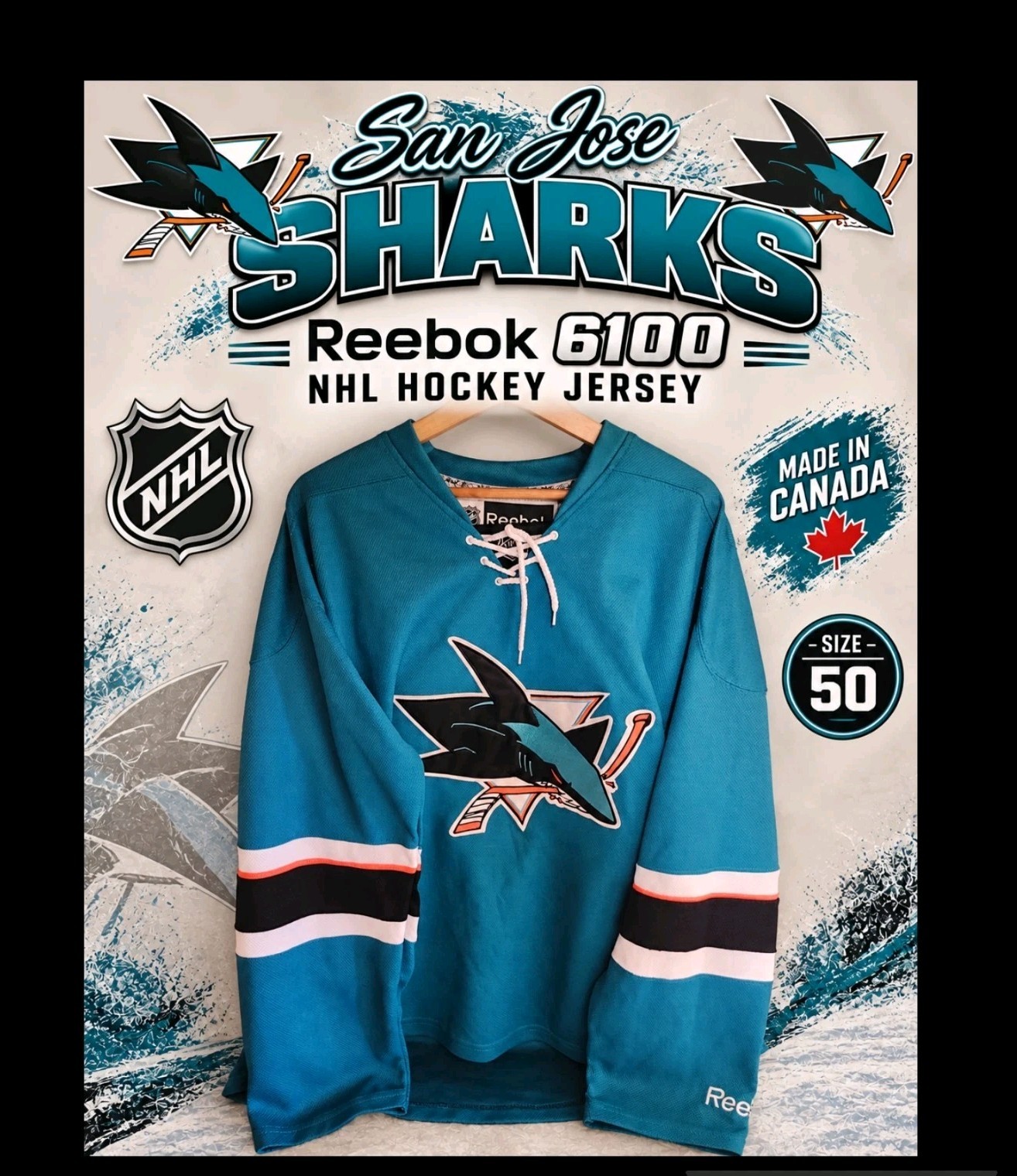 Vtg San Jose Sharks Reebok 6100 NHL Hockey Jersey Teal Made In Canada 50 Vtg San Jose Sharks Reebok 6100 NHL Hockey Jersey Teal Made In Canada 50