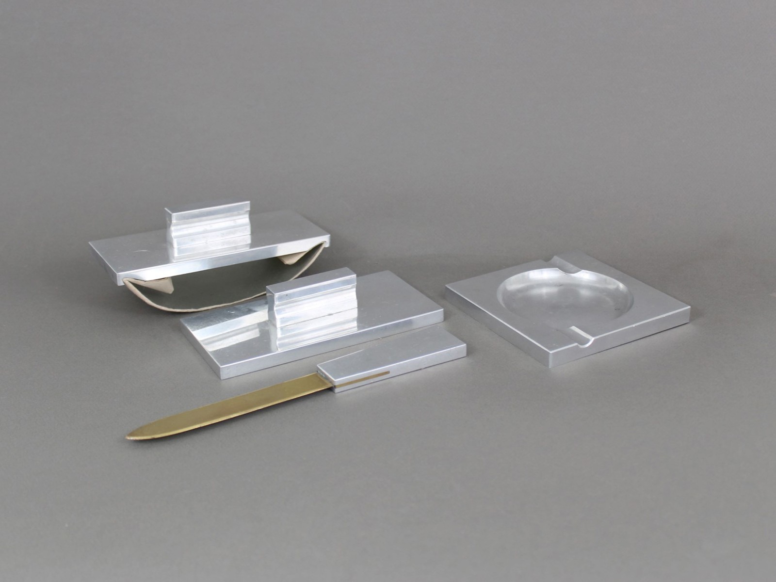 Solid Aluminum Desk Set French Modernist 4 Pc Office Accessories 1970s Vintage