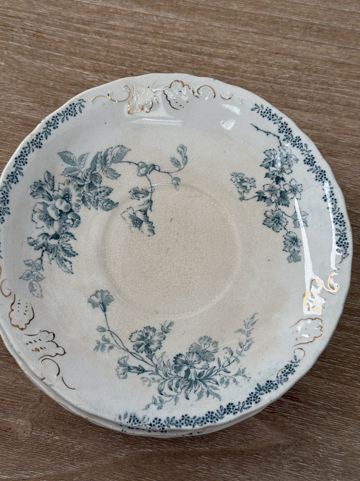 Antique John Edwards MAINE 5 Replacement Saucers Blue Transfer Gold Gilt c1890s