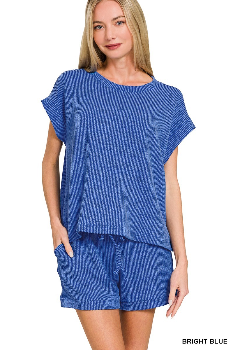 Zenana Bright Blue Raised Rib Cap Sleeve 2 Pc Top & Shorts Set Zenana Bright Blue Raised Rib Cap Sleeve 2 Pc Top & Shorts Set