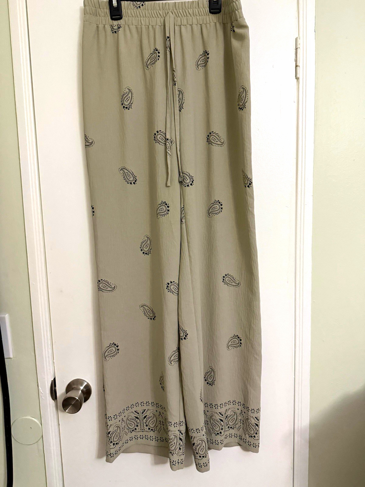 NYCC Women’s Beige Paisley Wide-Leg Pants Elastic Waist Drawstring Polyester S