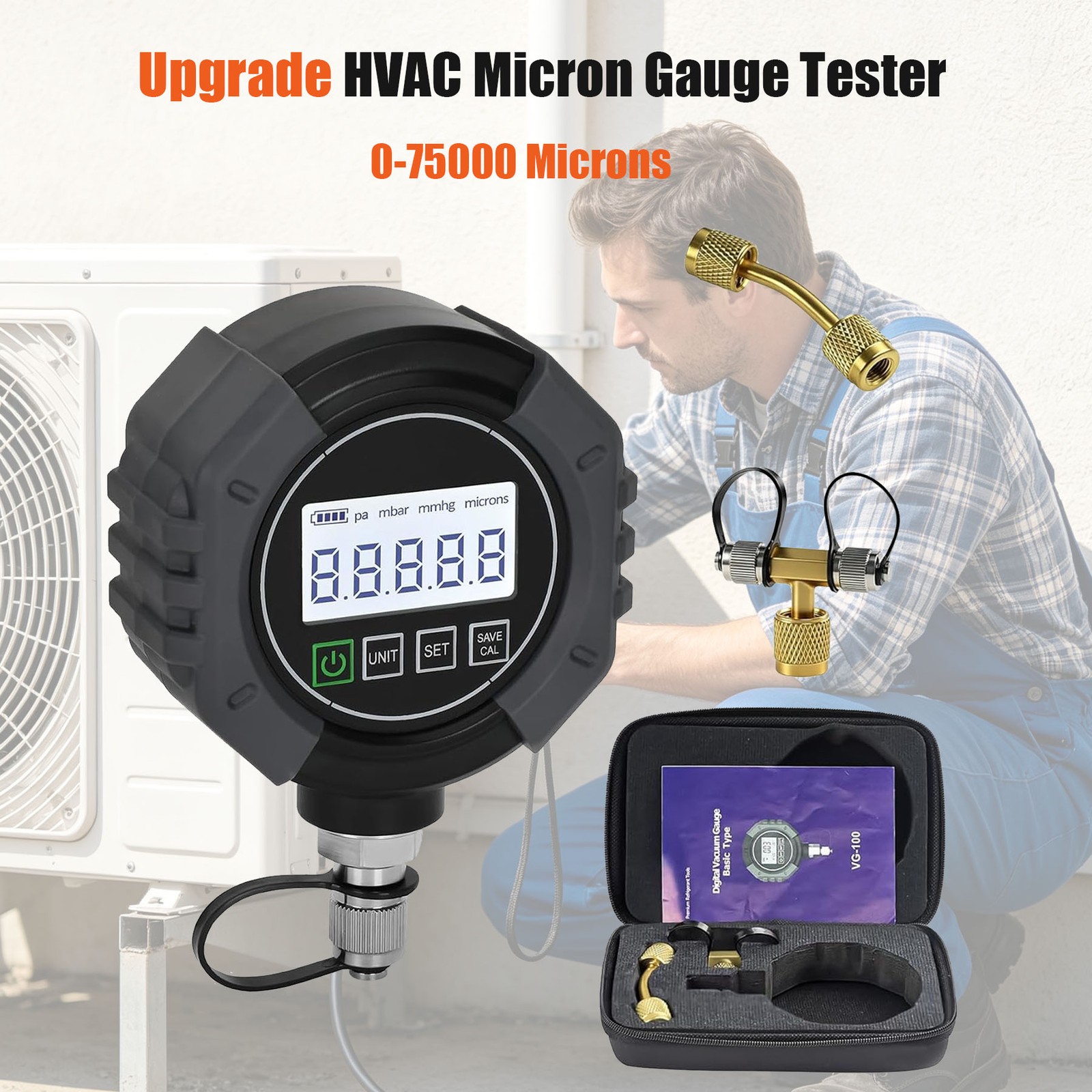 Digital Vacuum Gauge Meter for HVAC/Refrigeration - 0-75000 Microns with Adapter