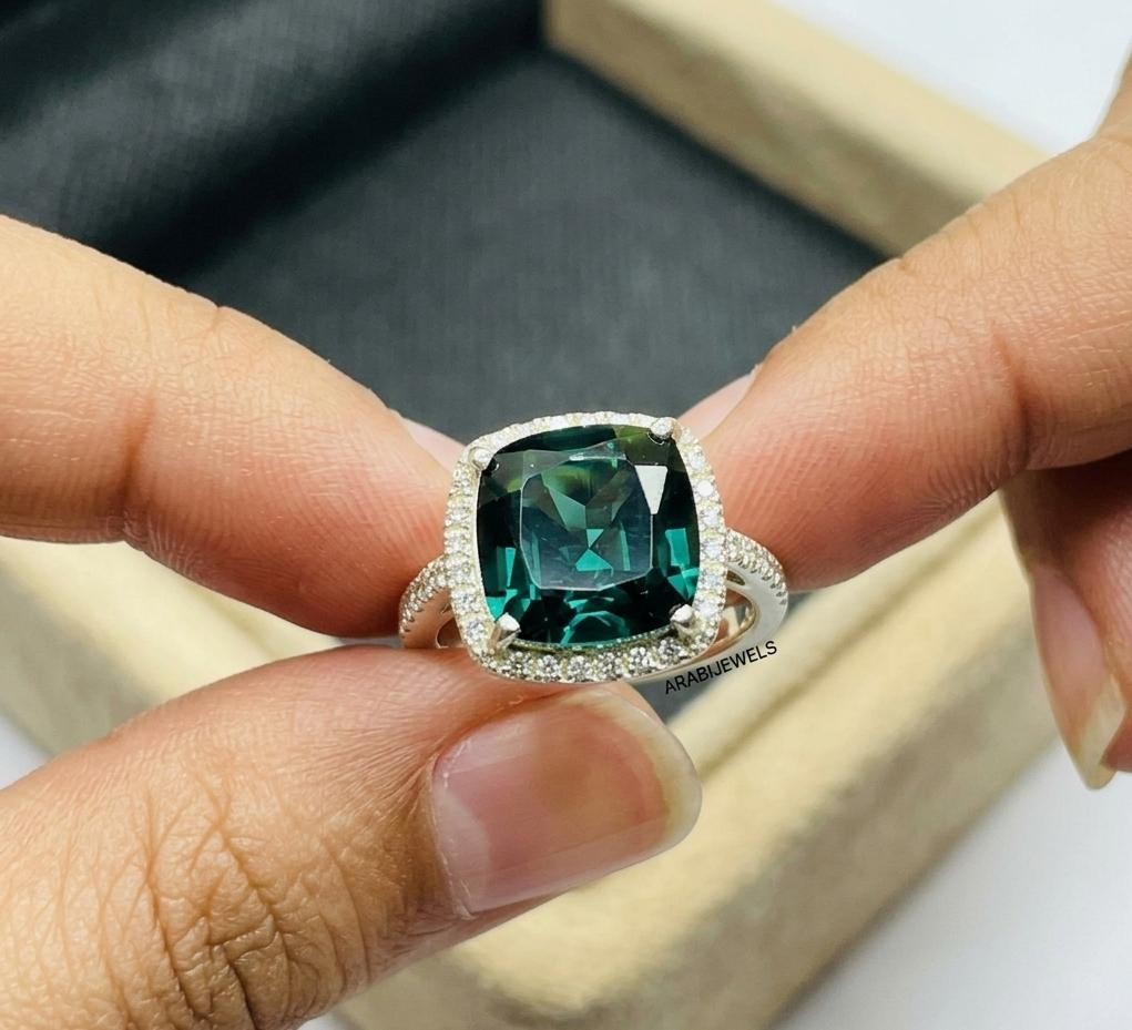 Vintage Cushion Cut Teal Sapphire Ring 925 Sterling Silver Gift For Her Ring.