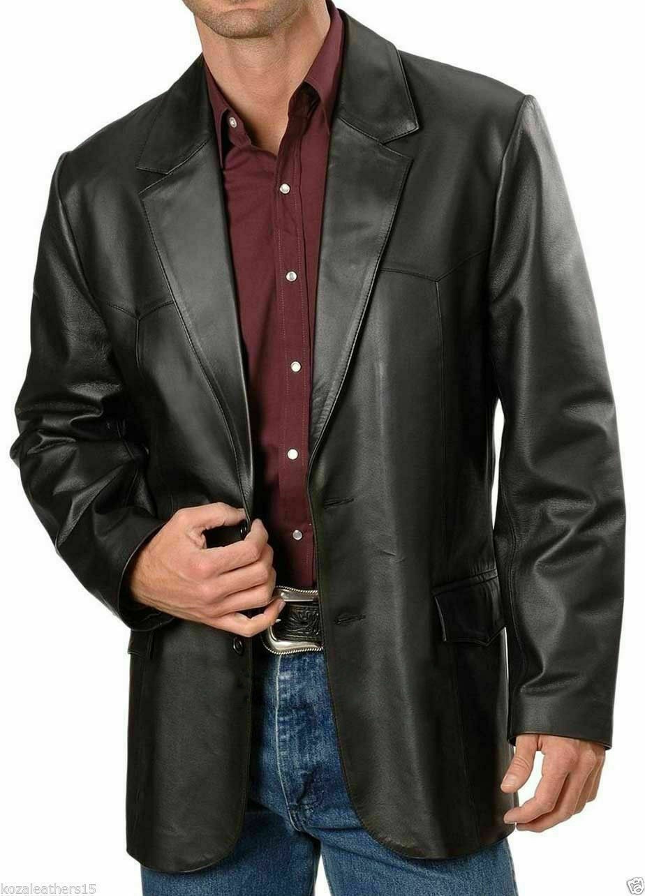 Men's Genuine Soft Lambskin Leather Blazer Regular Fit Jacket Two Button Black