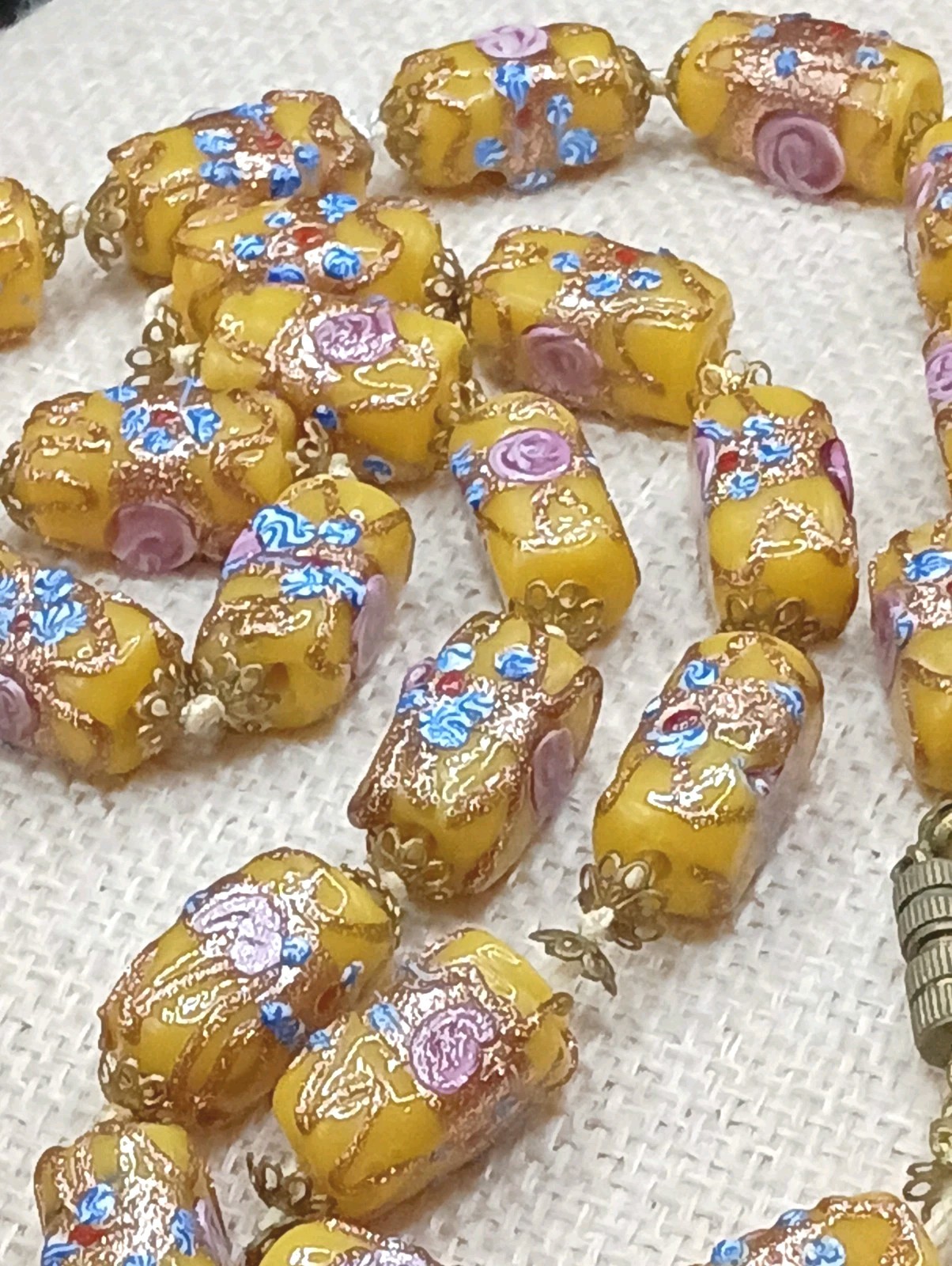 Vintage Venetian Murano Glass Fiorato Wedding Cake Beaded Necklace Yellow 29 Vintage Venetian Murano Glass Fiorato Wedding Cake Beaded Necklace Yellow 29