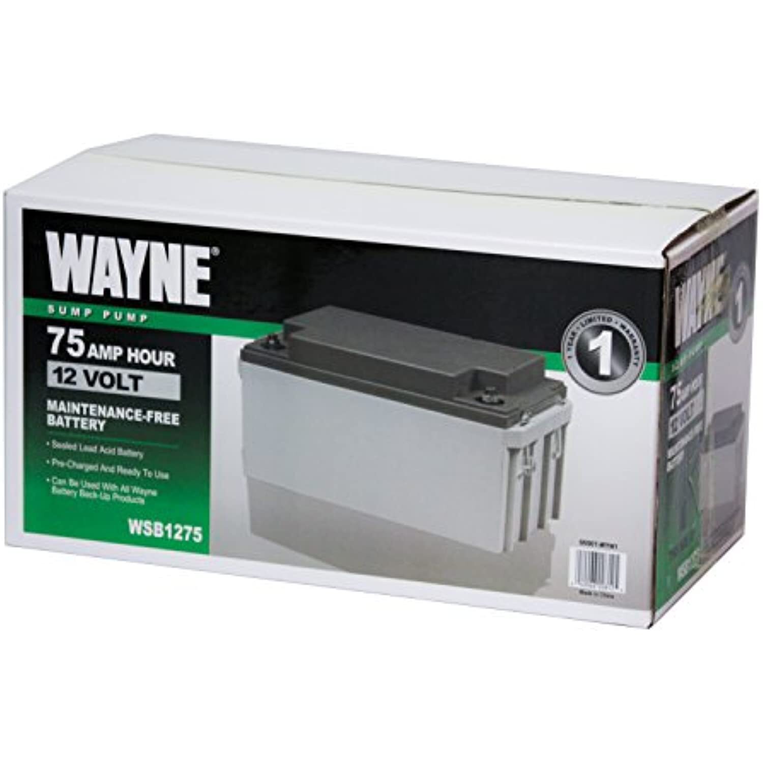 WAYNE WSB1275-75Ah Maintenance-Free Battery - Recommended for Wayne ESP25n,