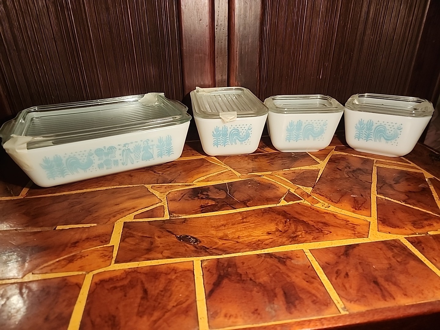 Pre 1960s Rare Full Set Turquoise Blue Amish Butterprint Pyrex Original Lids