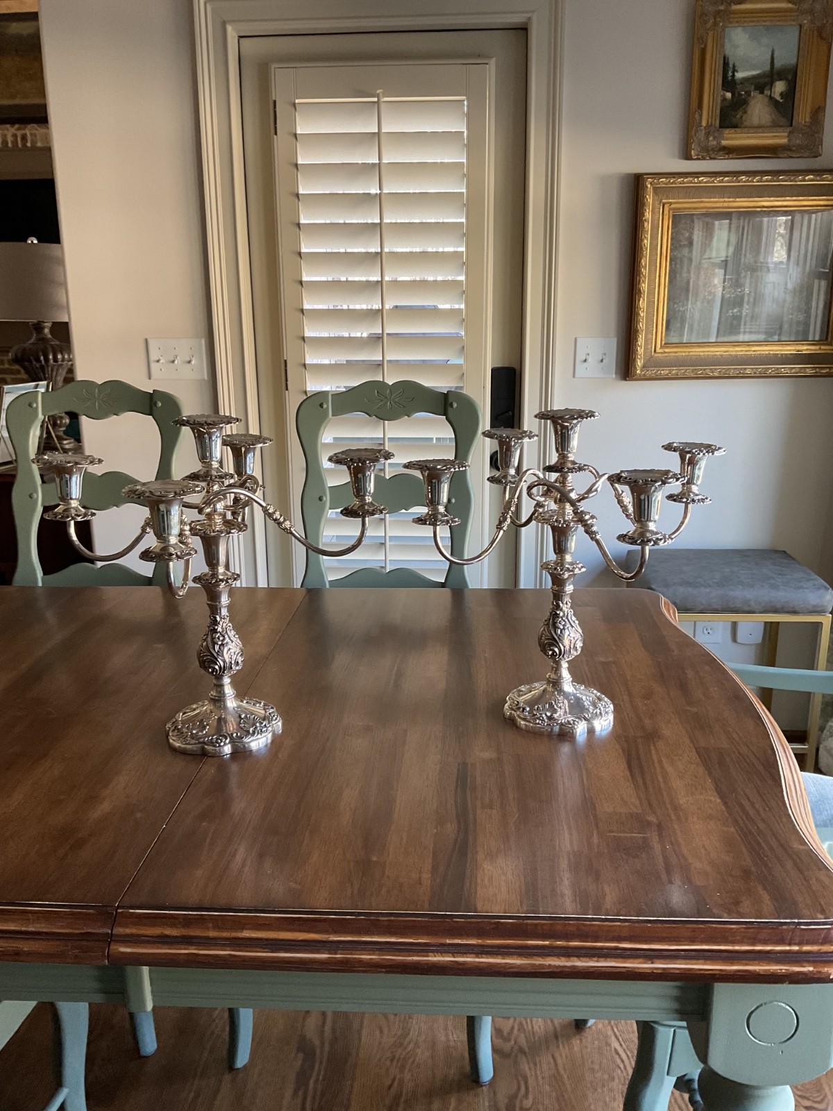 Pair of antique Sheffield Silver Co. Silver Plate 5 Light Candelabra. Stunning.