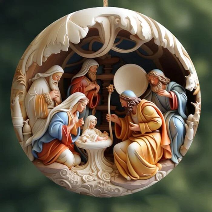 6× Vintage Birth of Jesus Nativity Scene Christmas Ornaments 2D Wooden Decor USA