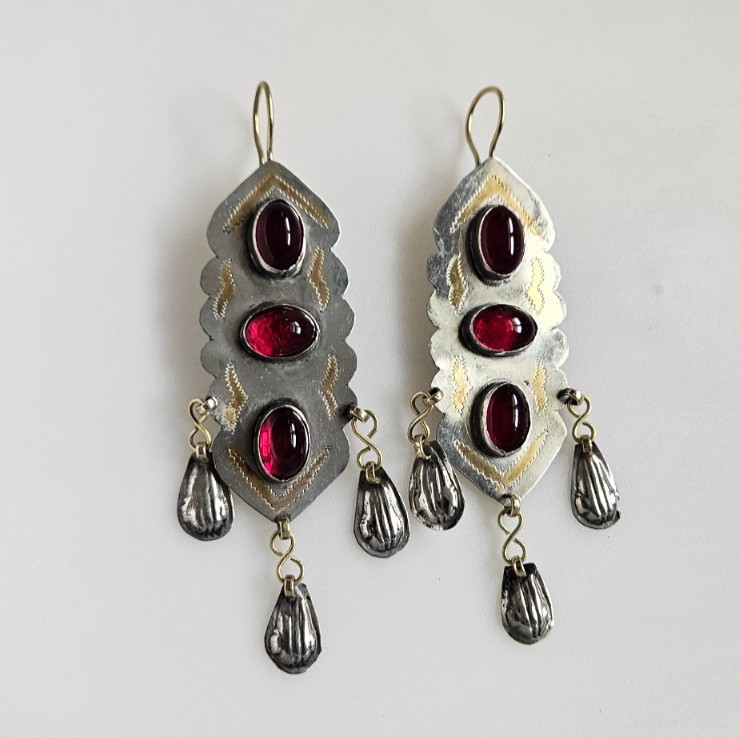 Colorful Turkmen earrings Afghan Silver and gold Tone earrings Boho jewelry