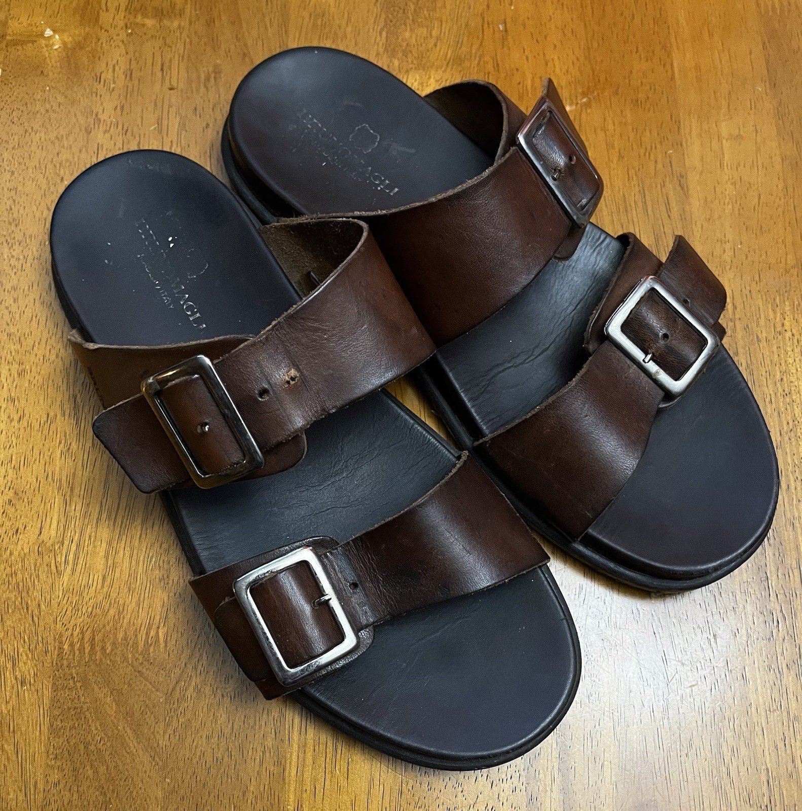 Bruno Magli 9M Sandals Erasmo Buckle Brown Genuine Leather Made In Italy Retro