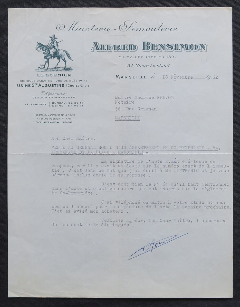 Invoice 1962 MARSEILLE MINOTERIE BENSIMON LE GOUMIER illustrated 90