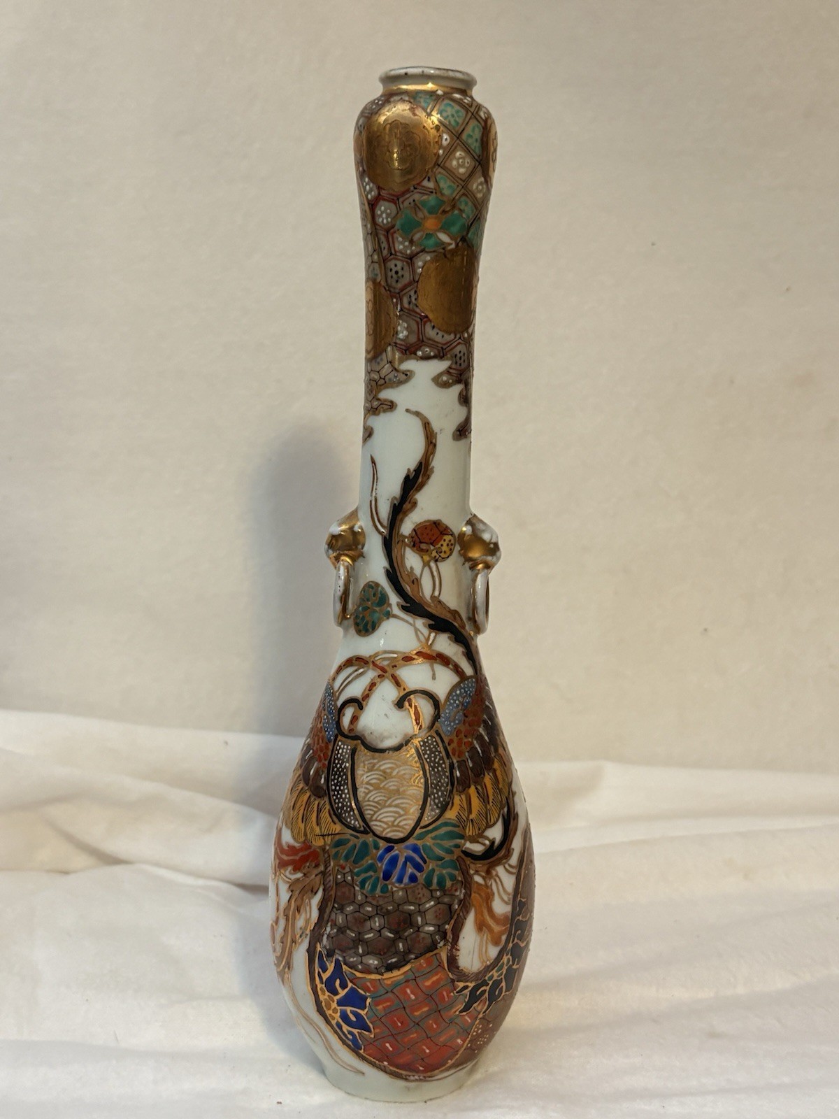 Antique Japanese Meiji Kutani Satsuma Porcelain Bottle Vase 10.5\