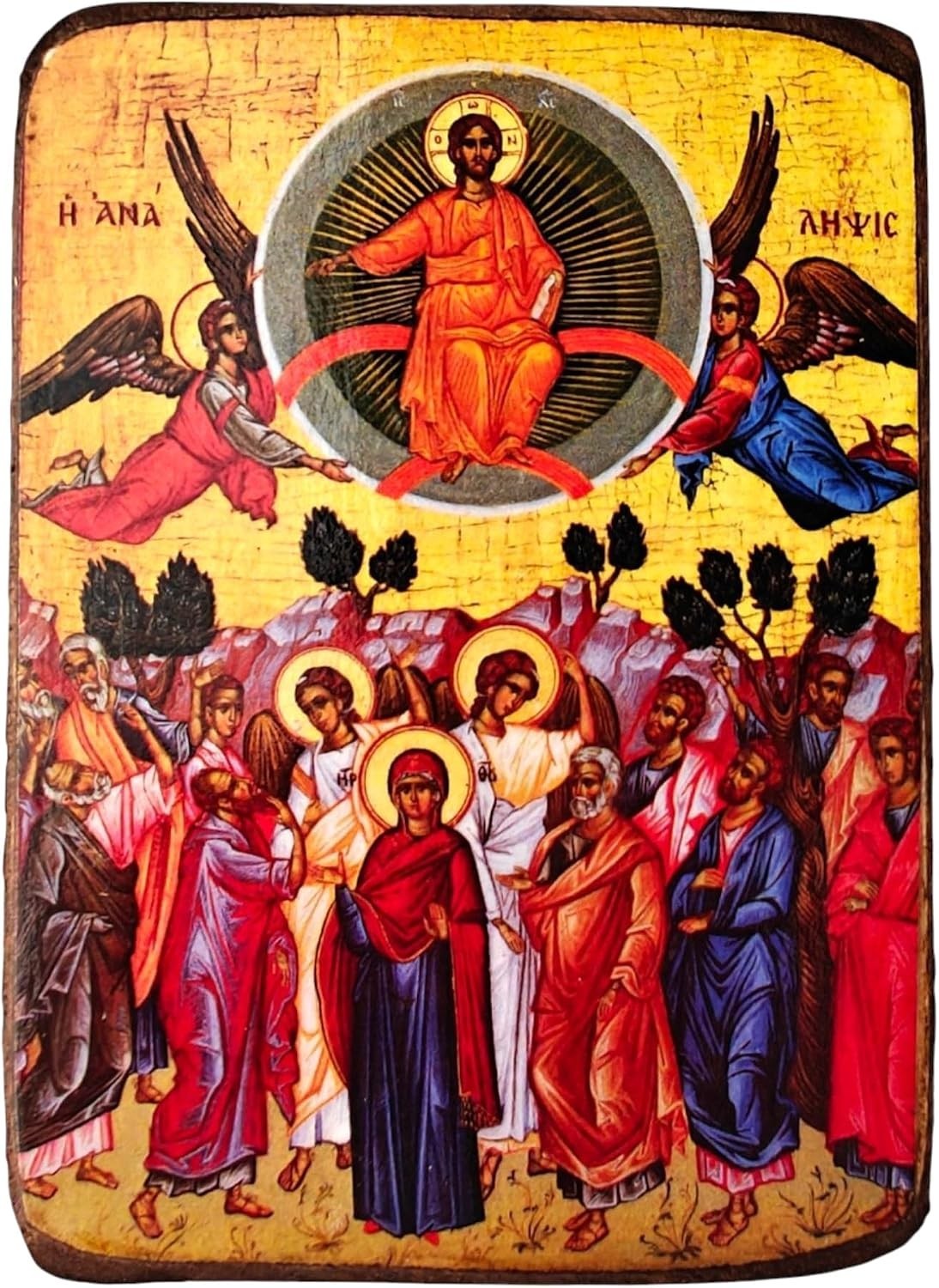 Ascension Christ Orthodox Wood Icon Handmade Byzantine Greece 8.5x6.5cm 3.3x2in